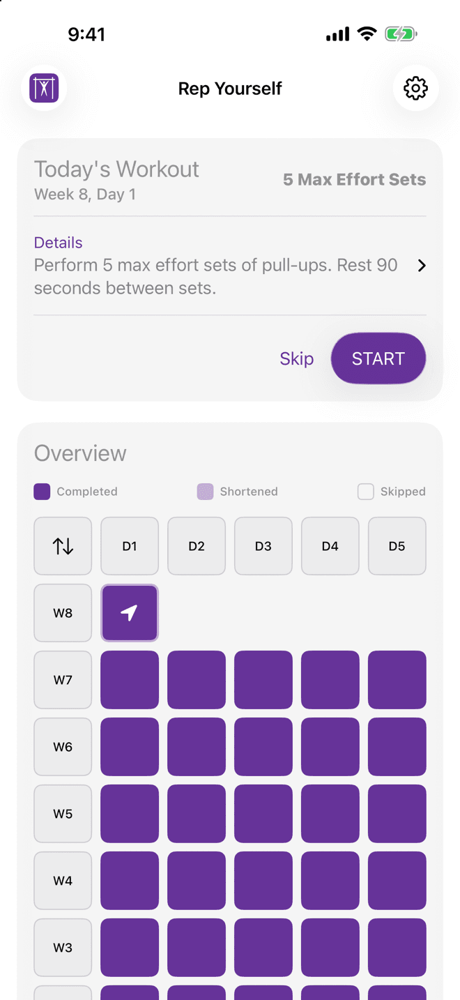 Rep Yourself iOS app dashboard showing workout history